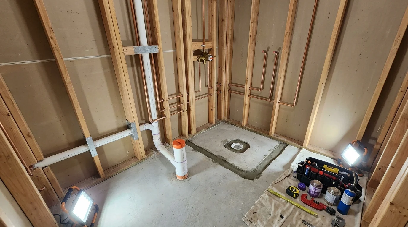 Bathroom rough-in plumbing during remodel by Johns Plumbing LLC in Tarrytown