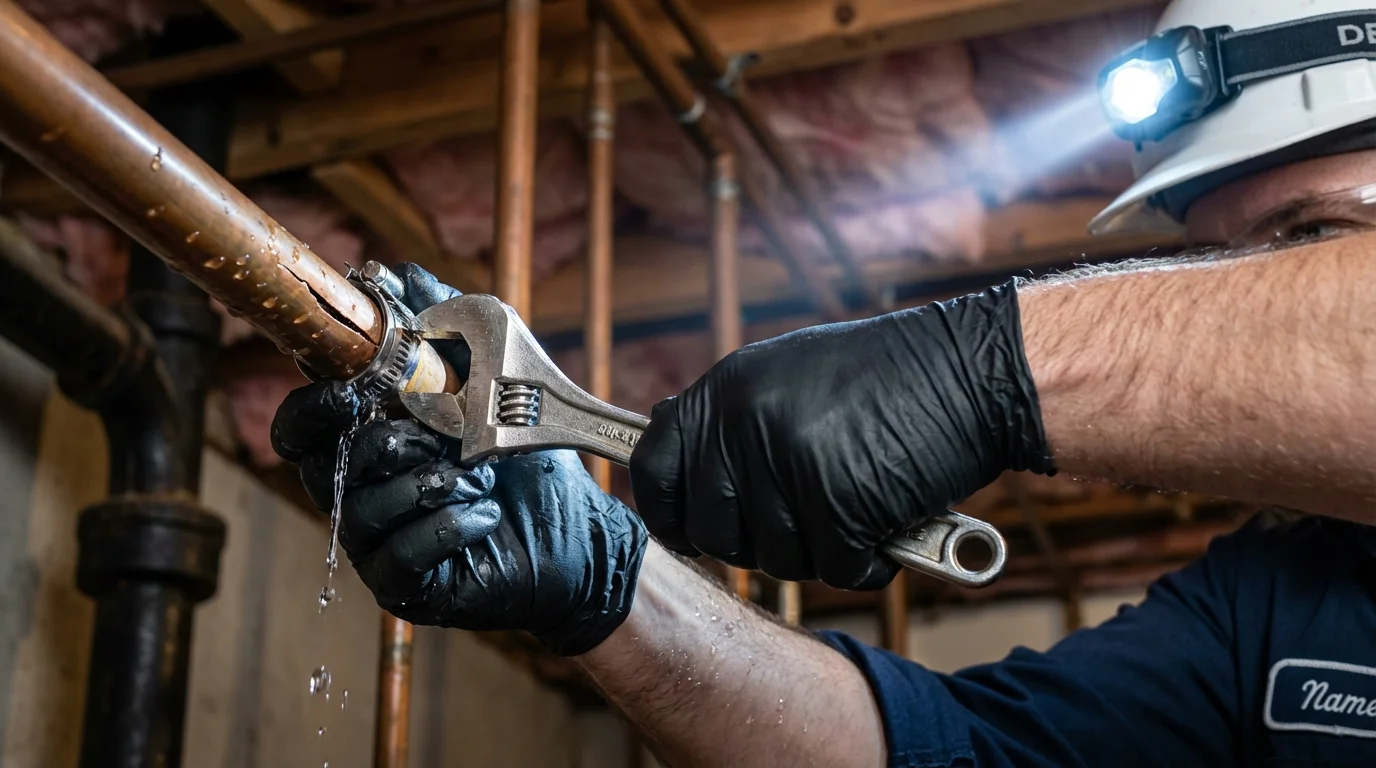 Emergency pipe clamp repair being performed by a Johns Plumbing LLC plumber in Tarrytown