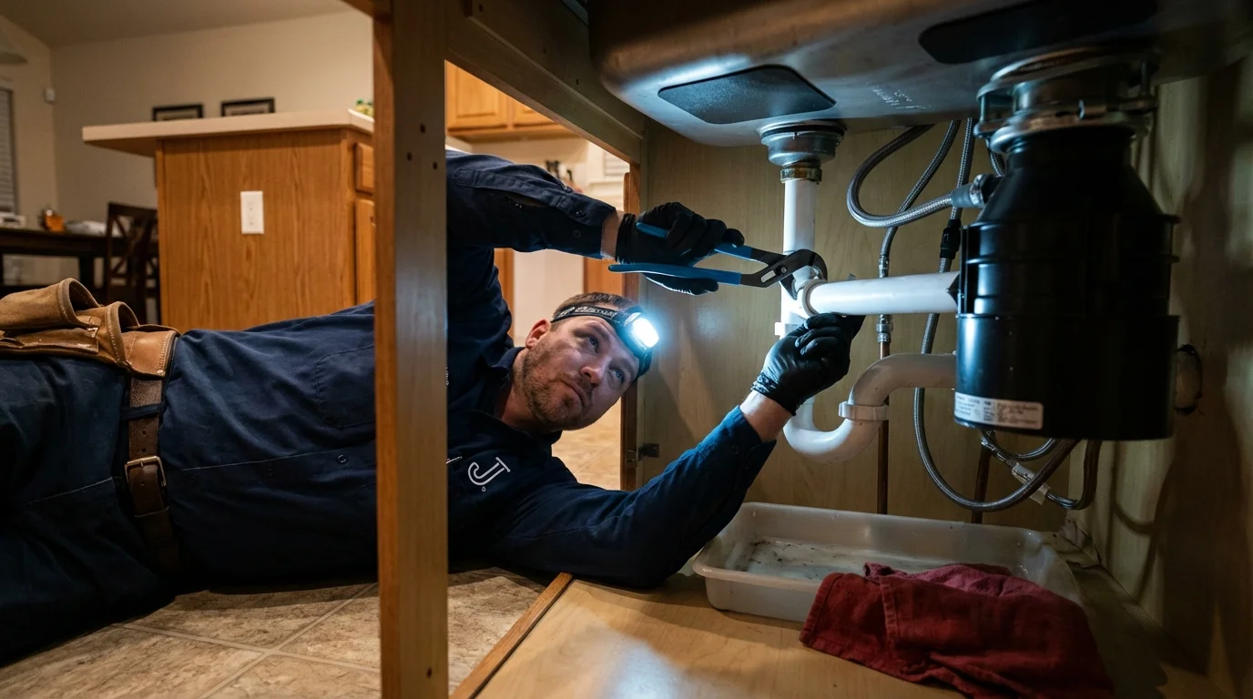 P-trap and supply line connections under a kitchen sink showing a common leak point in Tarrytown, NY